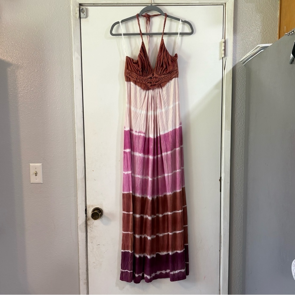 Vintage SKY Tie Dye Maxi Dress Crochet Halter Boho Festival Gypsy Romantic M